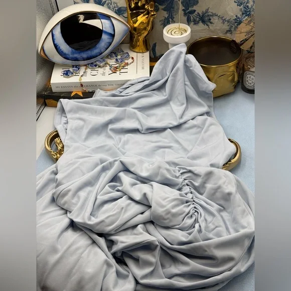 🆕 SIMKHAI 🧿 NWOT Acacia Draped Ruched Jersey Midi Dress, Blue Haze - Sz L - Picture 14 of 16